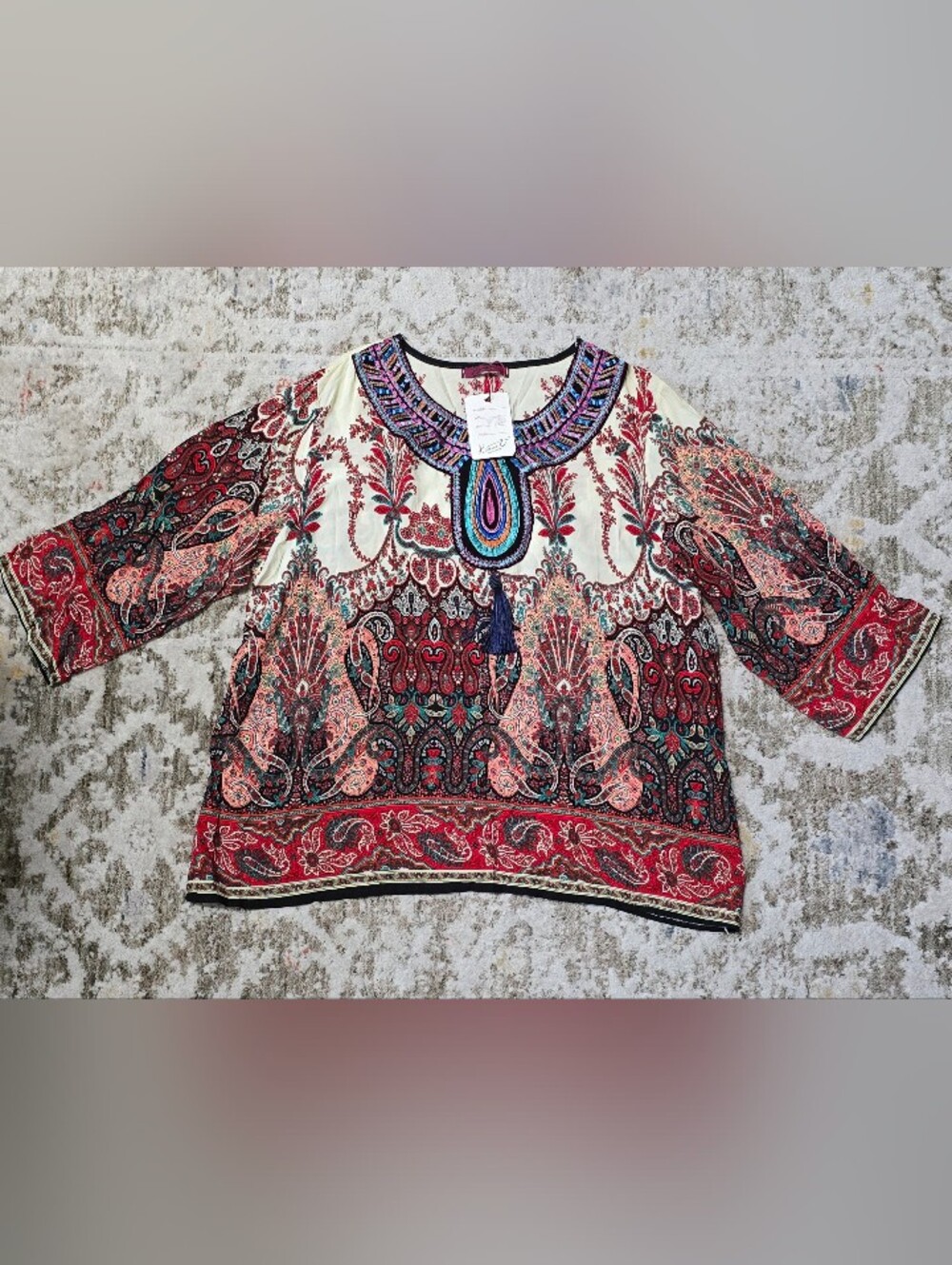 Kivenst Multicolor Embroidered Paisley Tunic - Red, Cream, Blue, Pink - Size L